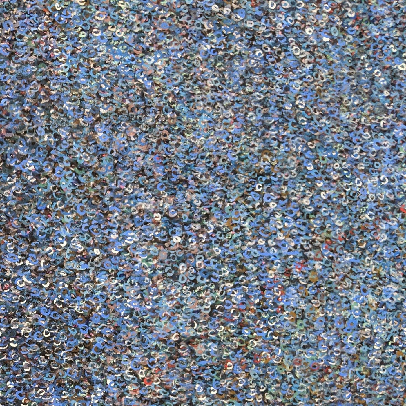 Detail of Acrylic and mixed media on canvas in an abstract expressionist mode of thousands of multicolored, primarily blue, small rings creating a sense of cosmic depth