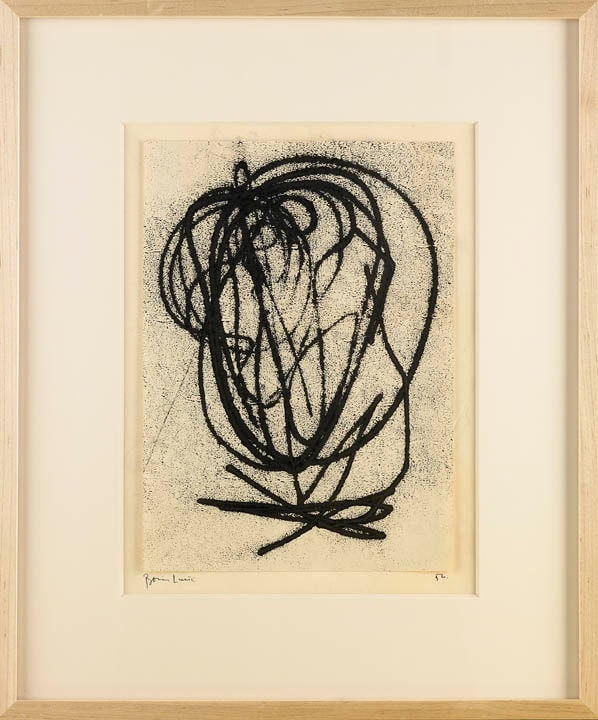 Framed ink drawing of a stylized portrait consisting of concentric ellipses in various line thicknesses