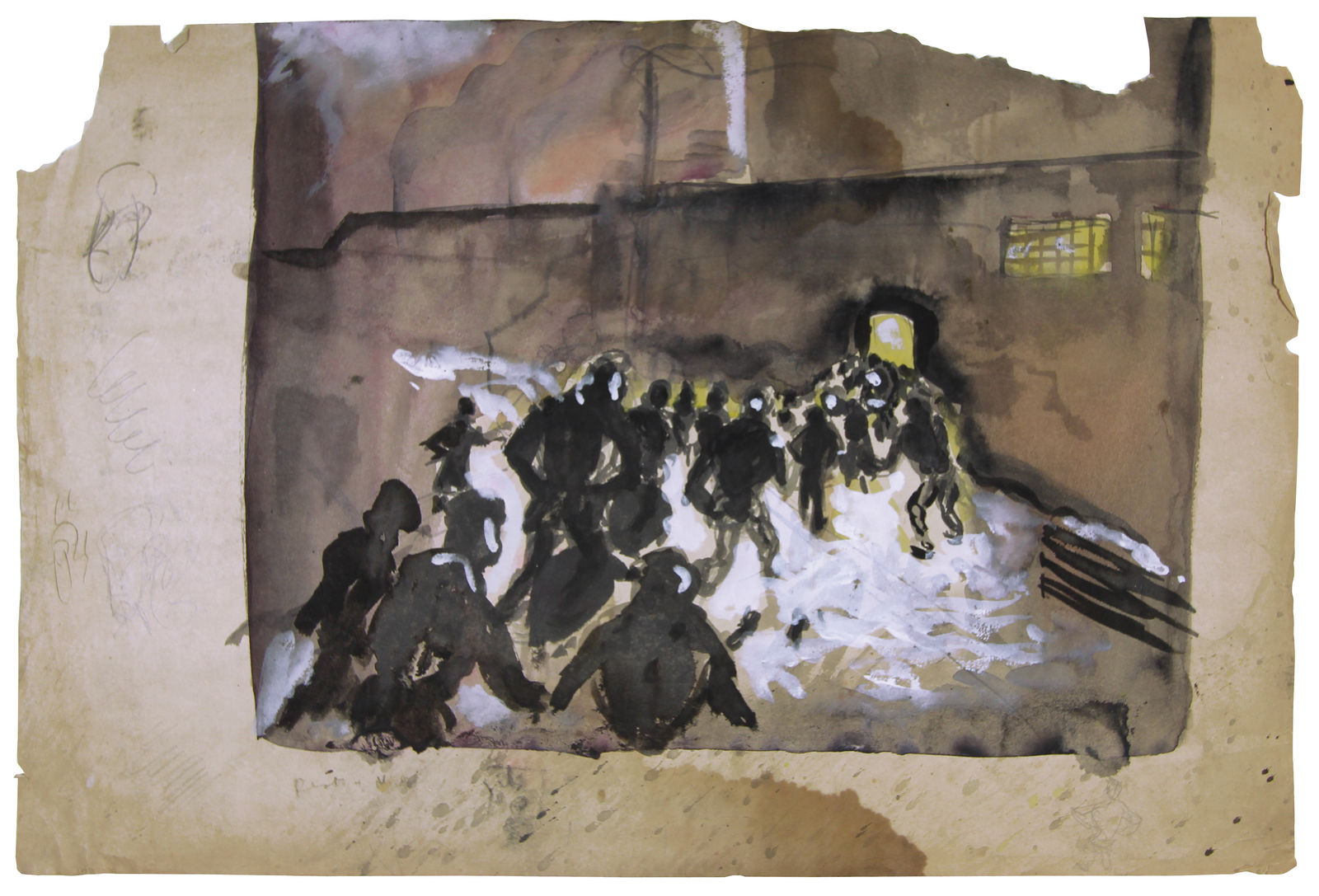 Multimedia artwork depicting silhouettes running against a starkly lit ground colored in white