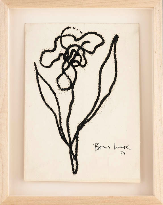 Framed ink drawing of a flower drawn in one continuous line