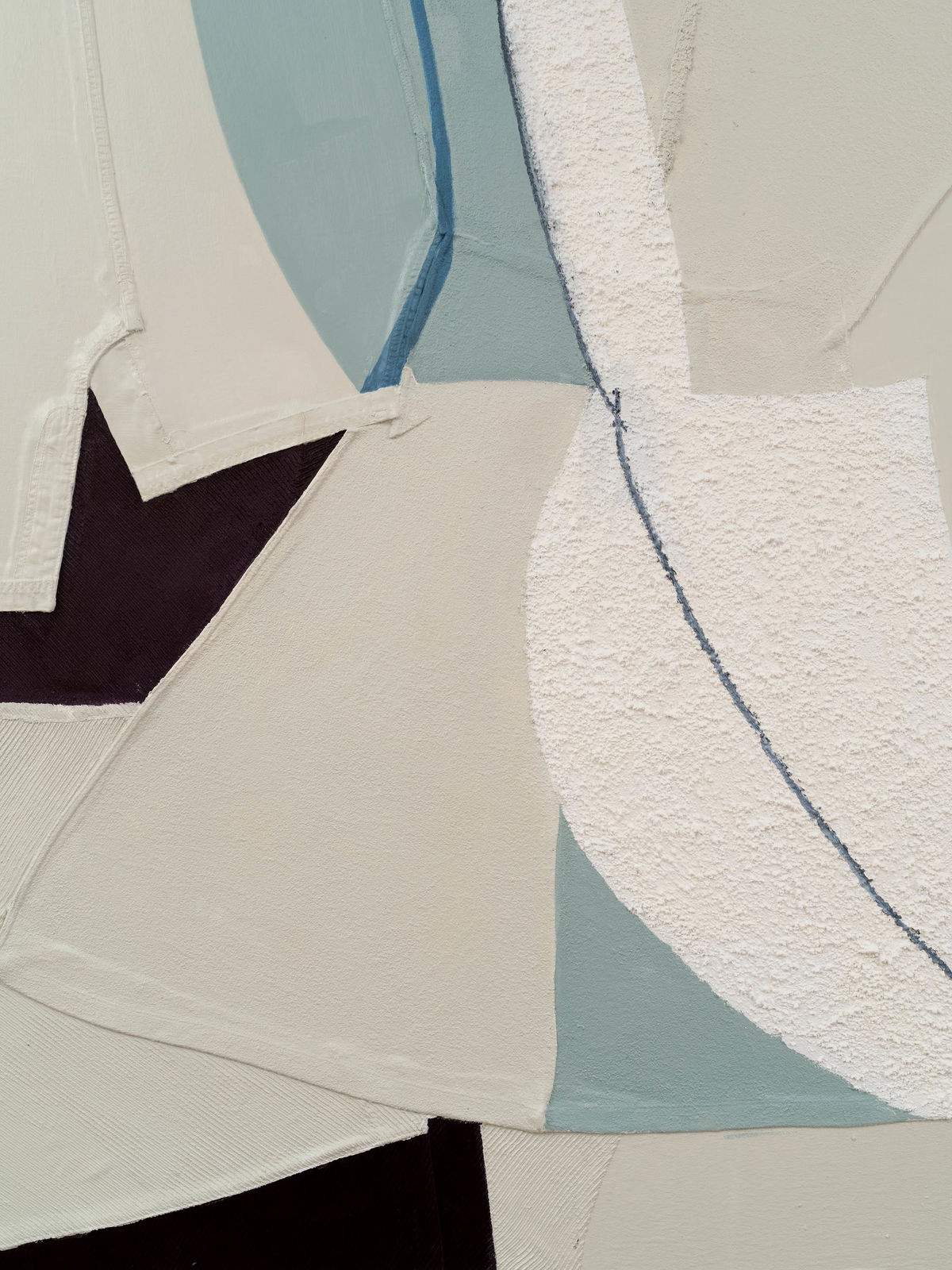 Detail of Oil and mixed media on canvas of light gray, white, and blue lines and shapes disappearing underneath each other and folding over