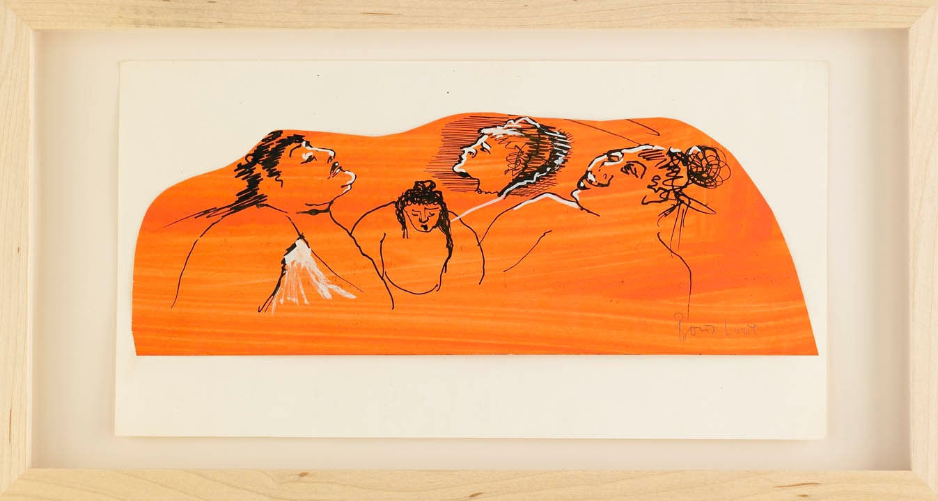 Framed ink line drawing of four women, three are profiles, on orange background, irregular shaped paper