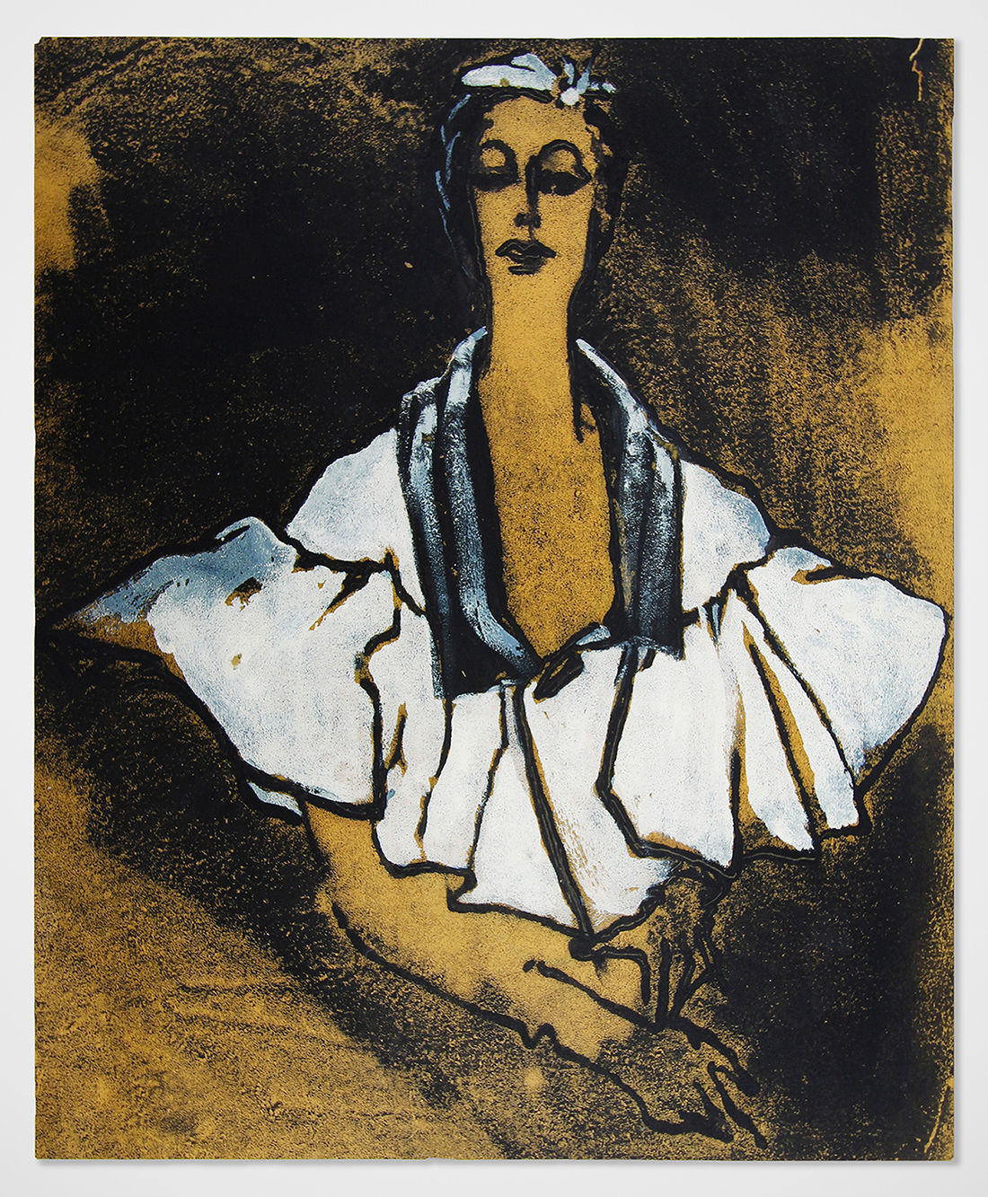 Monoprint of a stylized elegant woman outlined in black with wide white sleeves in front of a shaded black background on sepia-tinted paper