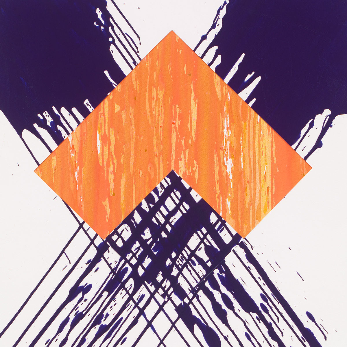 Detail of White canvas painting with crossing purple that fades into strokes and bright orange at the intersecting point