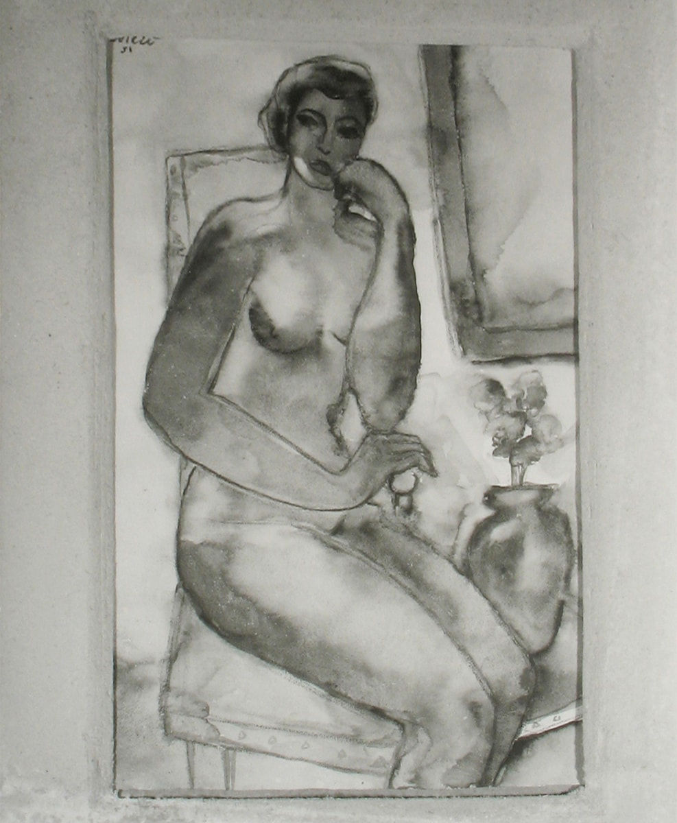 Black and white photograph of a painting of a nude woman sitting on a chair, titled 