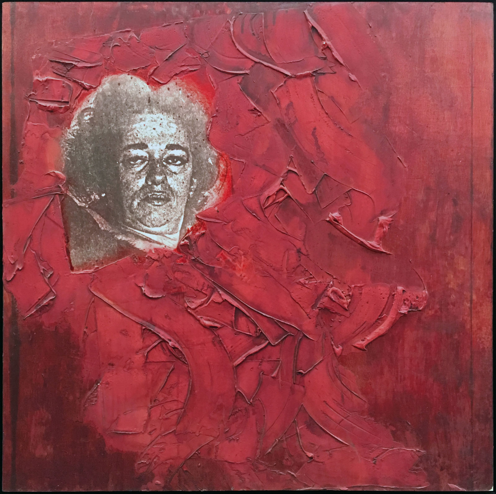 Textured square red painting with the face of gallerist Gertrude Stein floating in the upper left quadrant