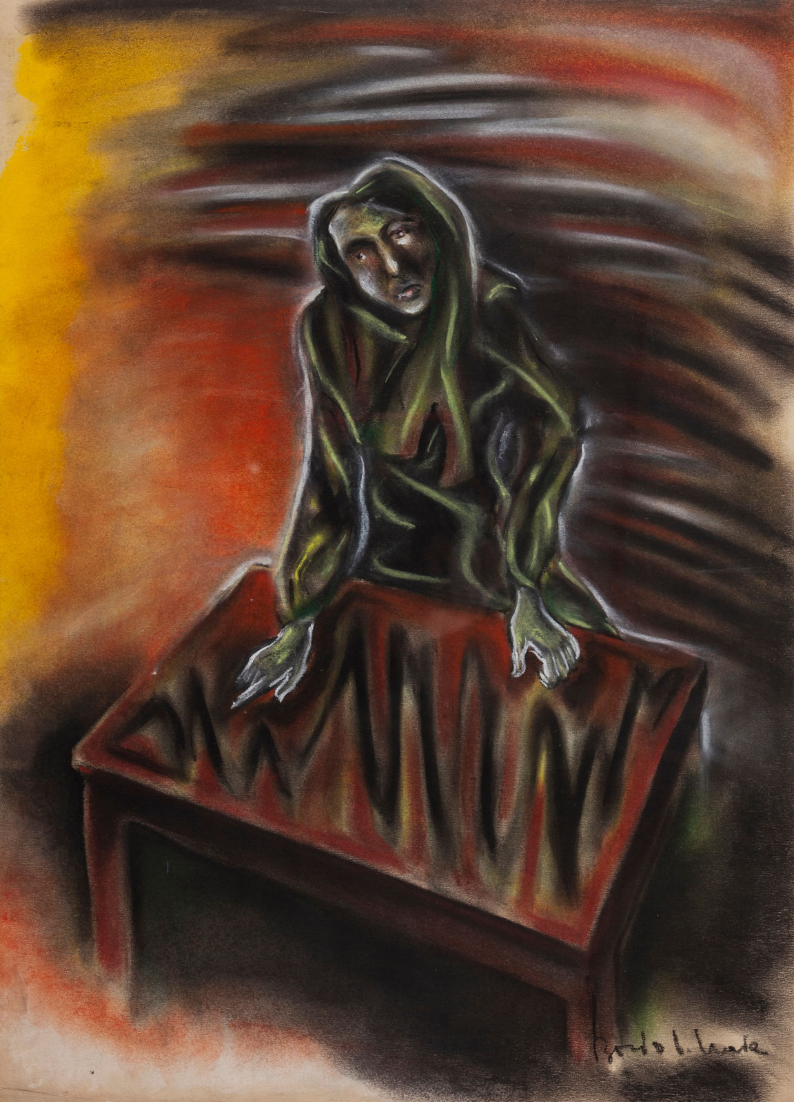 Pastel artwork of a figure depicted in black and expressive strokes of yellow and white