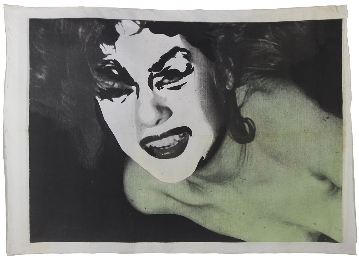 Green toned photograph of a nude woman printed on canvas and highlighted with paint