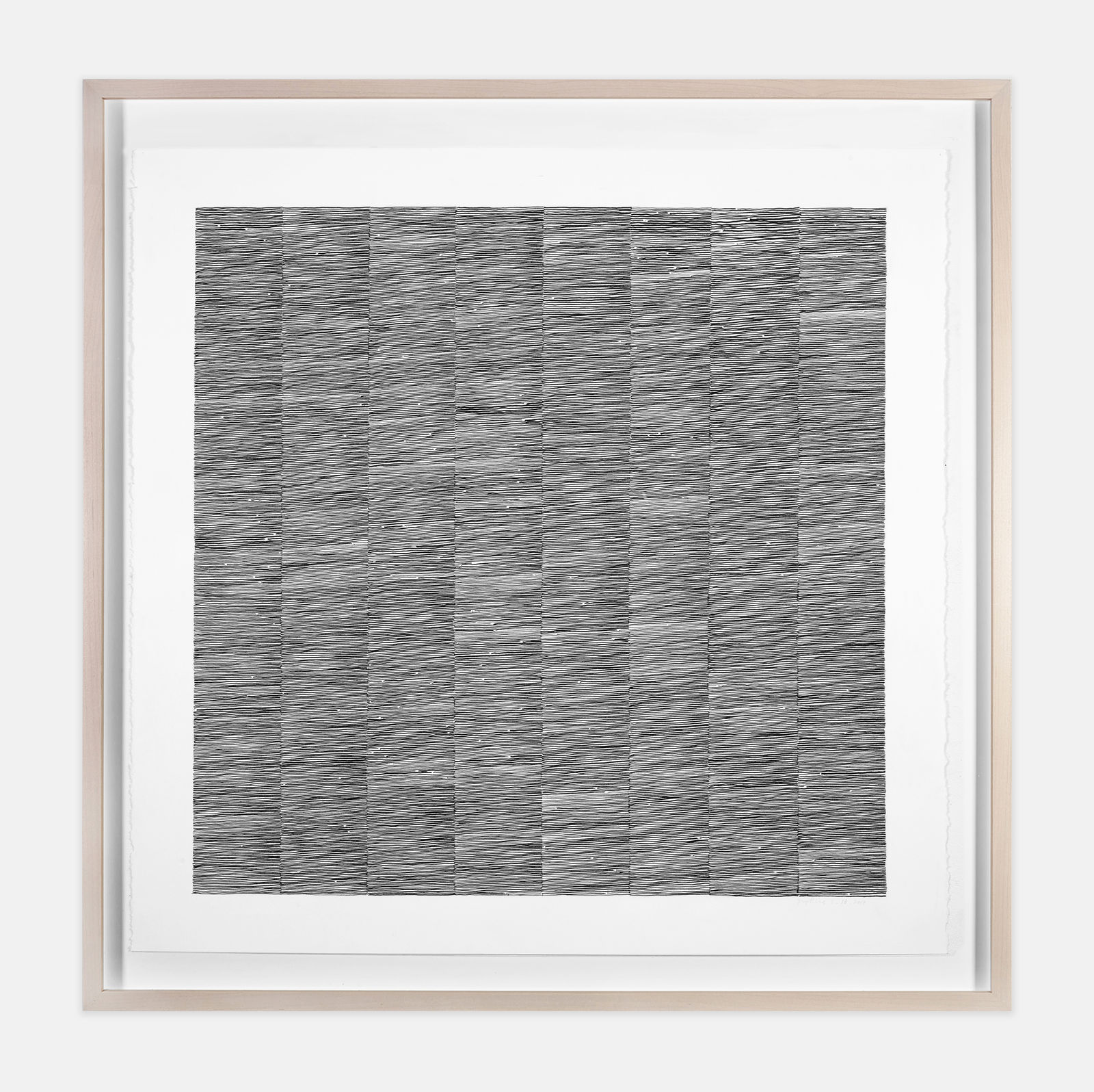 Minimalist, abstract line drawing in graphite on paper within a maple frame
