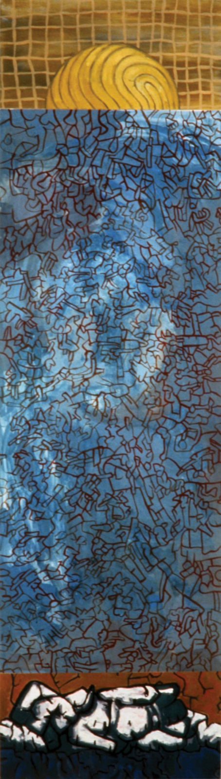 Vertical acrylic, oil painting on wood, ochre surface top, with sun, grid, blue central surface with cellular images