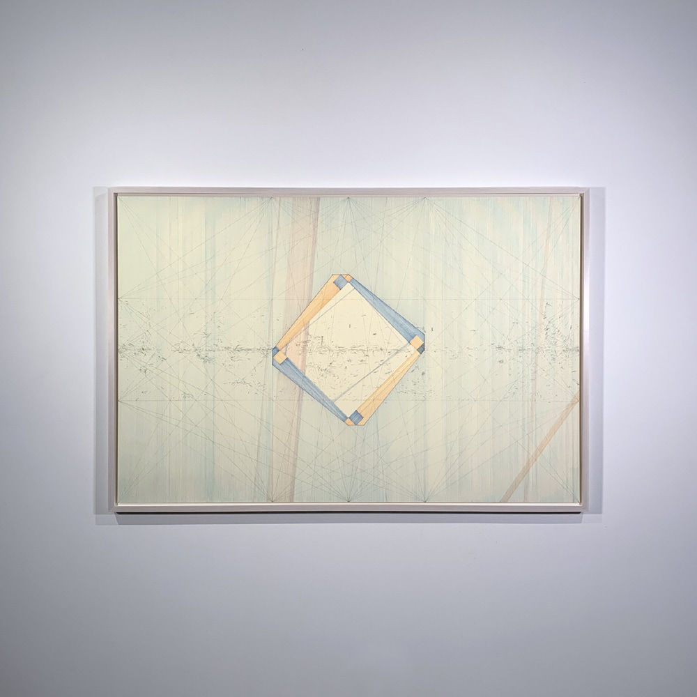 Work on paper with thin blue and red stripes going at different angles, at the center is a blue and yellow flattened octagon with a tilted square opening