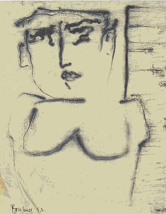 Framed oilstick work on paper of a young male portrait drawn in lines, on a light yellow background