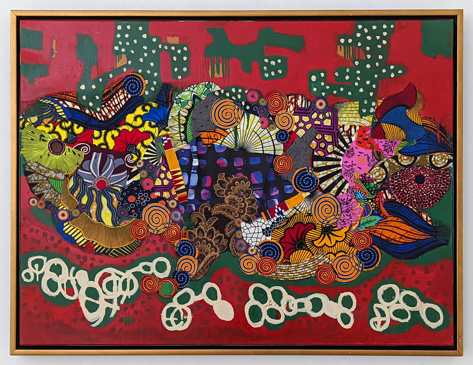 A colorful artwork comprised of oil paint and patterned fabric affixed to canvas in a 