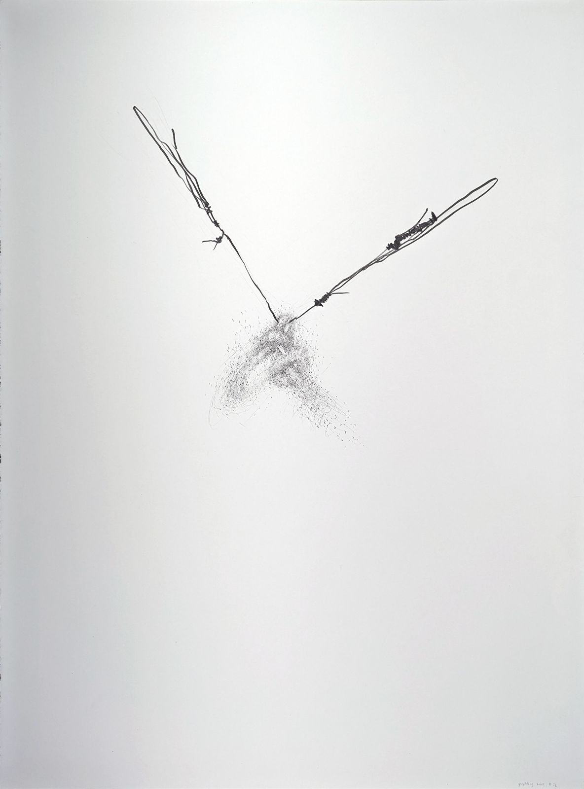 Graphite on paper of two dark lines in central form.