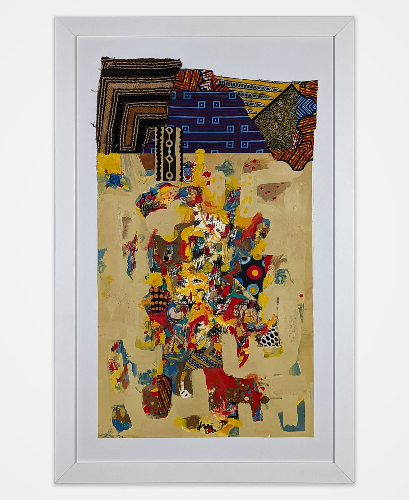 White framed colorful artwork comprised of oil and patterned fabric on print in a 