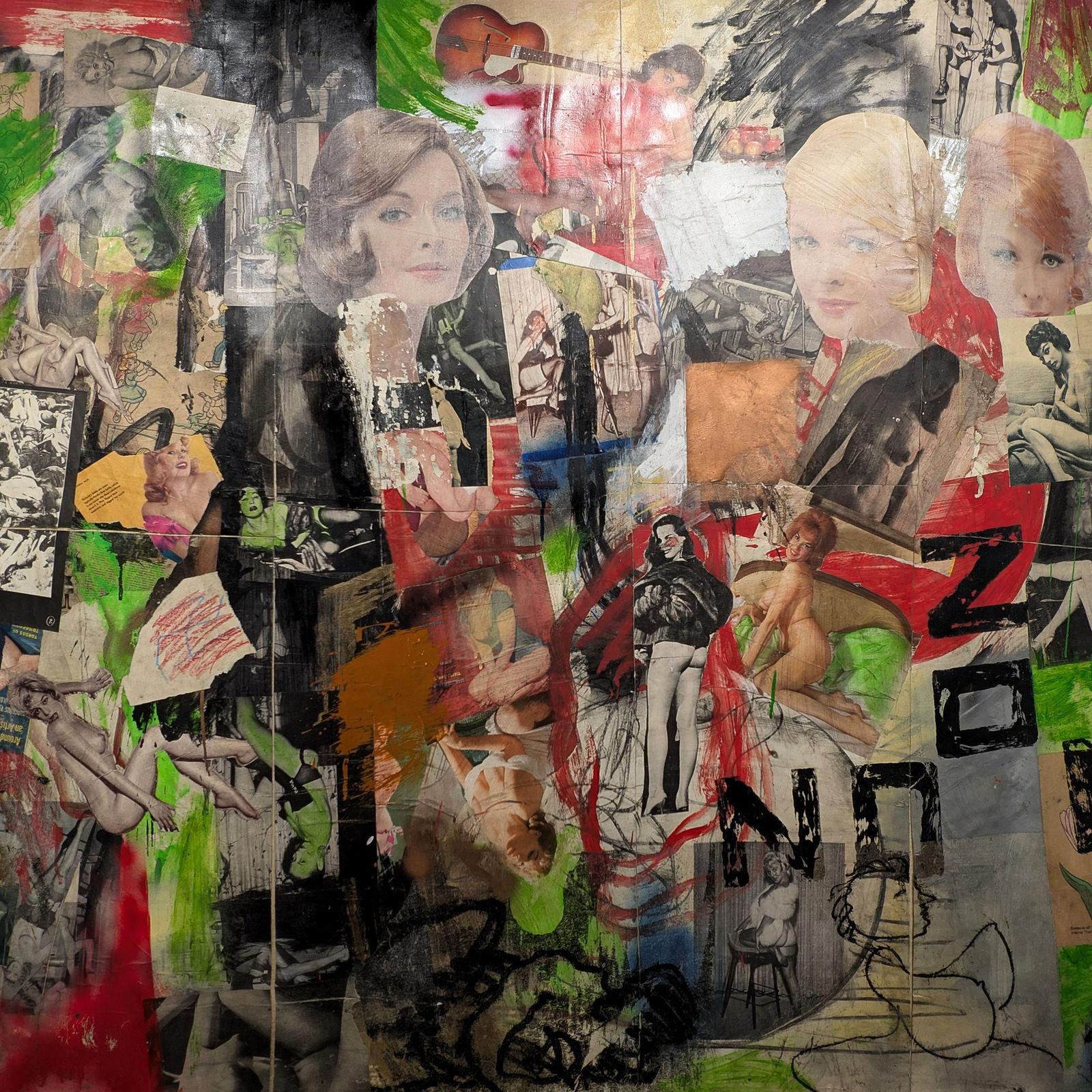 Large collage of images of nude women, hairstyles, and prisoners of labor camps arranged in a haphazard manner and interspersed with swaths of paint