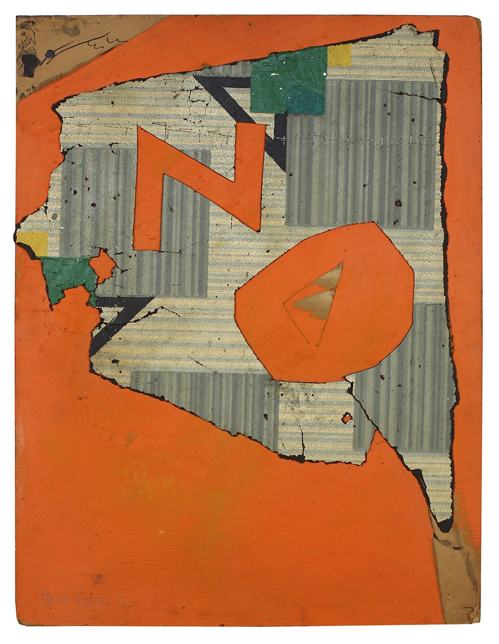 The word NO collaged in orange paper over a gray background which looks like old linoleum tiles