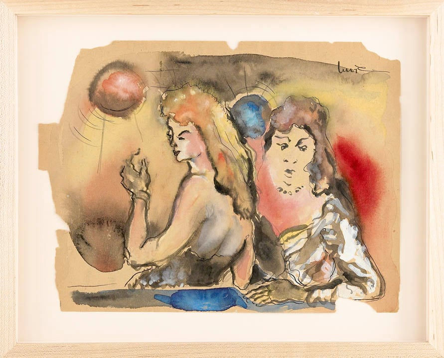 Framed watercolor work on paper of the busts of two omen on a yellow / ochre background