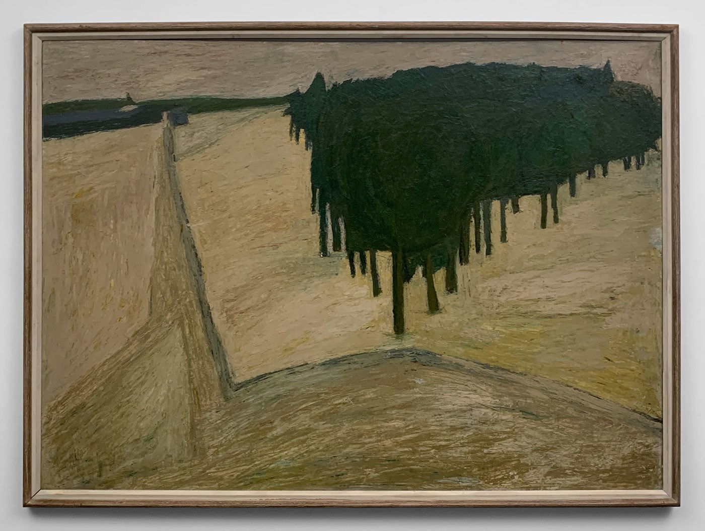 Framed oil on masonite of an abstracted landscape in muted browns and greens