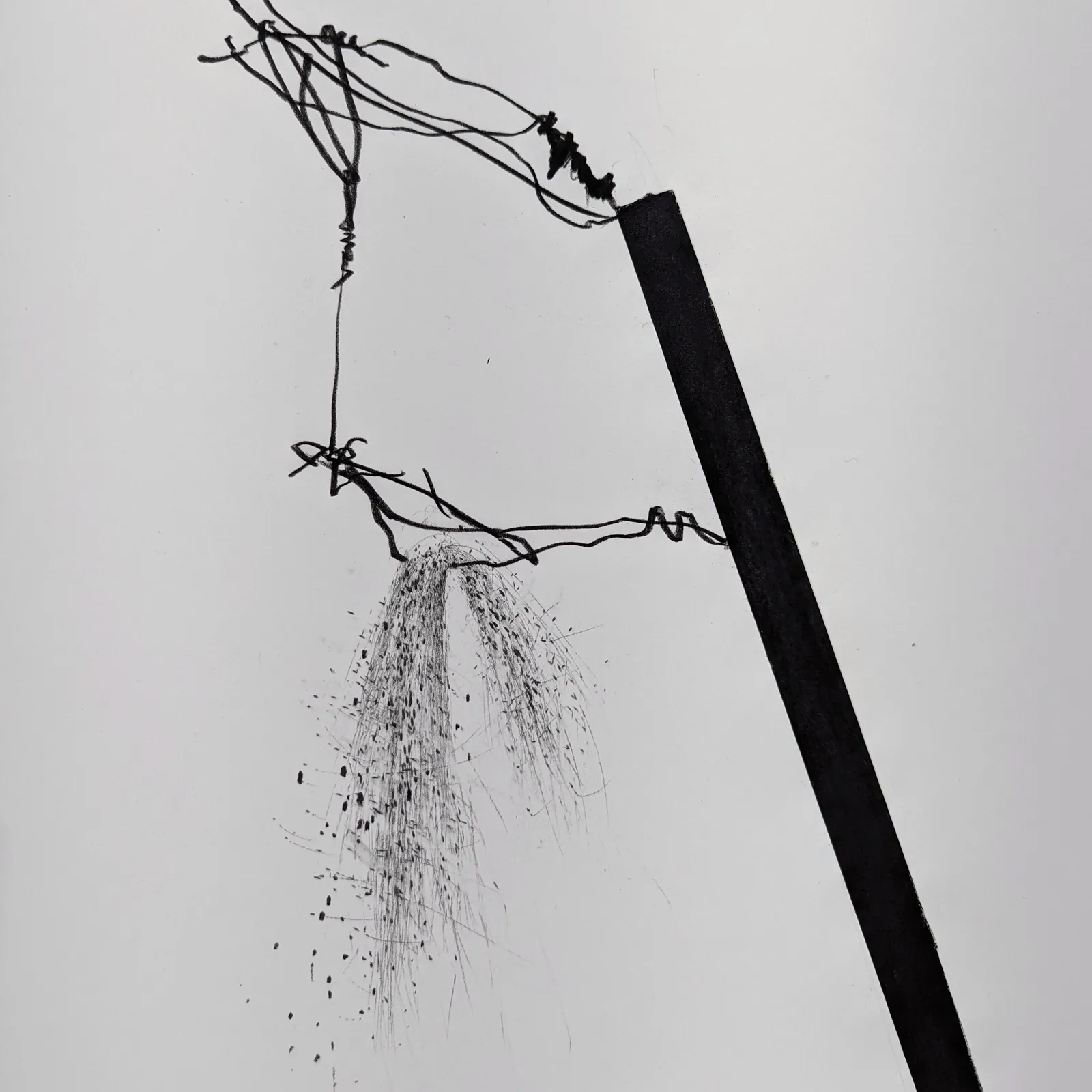 Detail of Graphite on paper drawing of a slanted form with two central harsh and detailed figures.