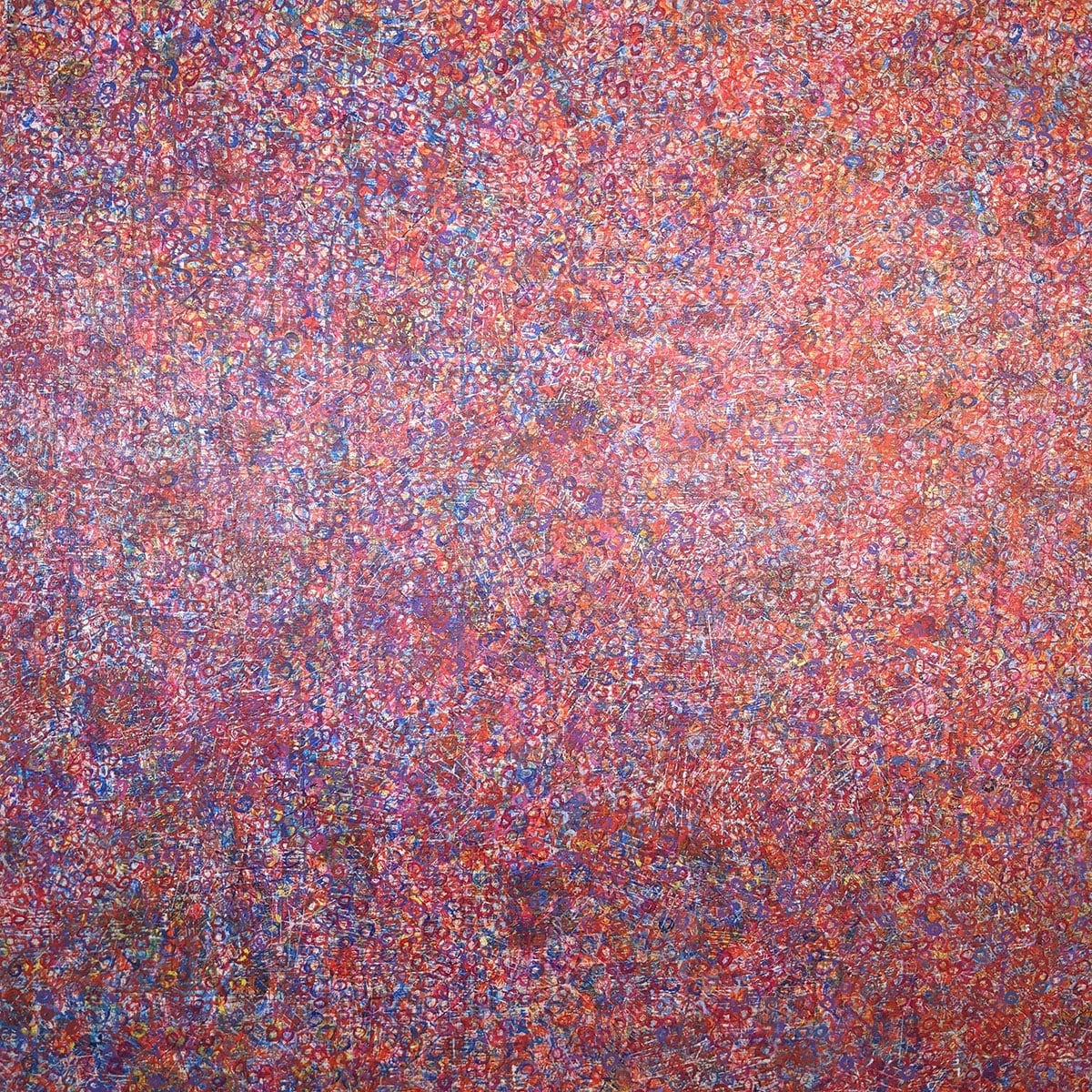 Detail of Acrylic and mixed media on canvas in an abstract expressionist mode of thousands of multicolored, primarily purple, small rings creating a sense of cosmic depth