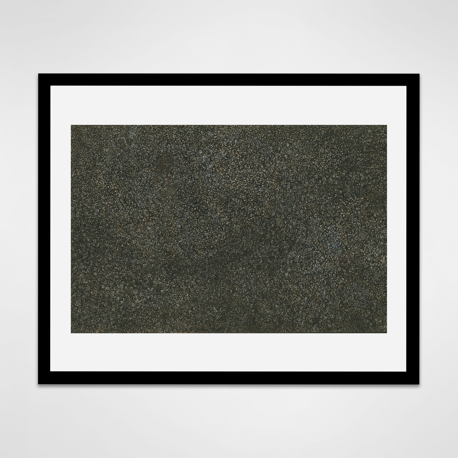 Framed abstract work on paper consisting of layers of small marks occupying the entire visual plane