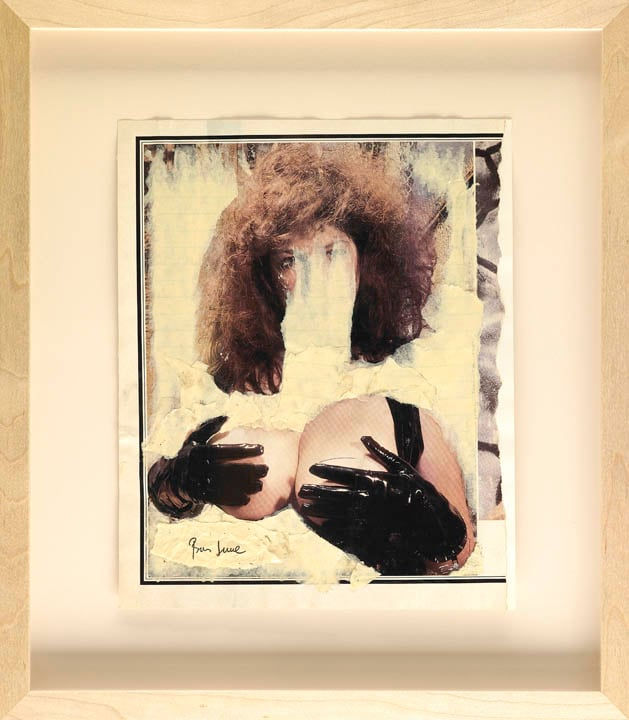 Framed collage on paper of pin-up nude painted and scratched over, no face visible