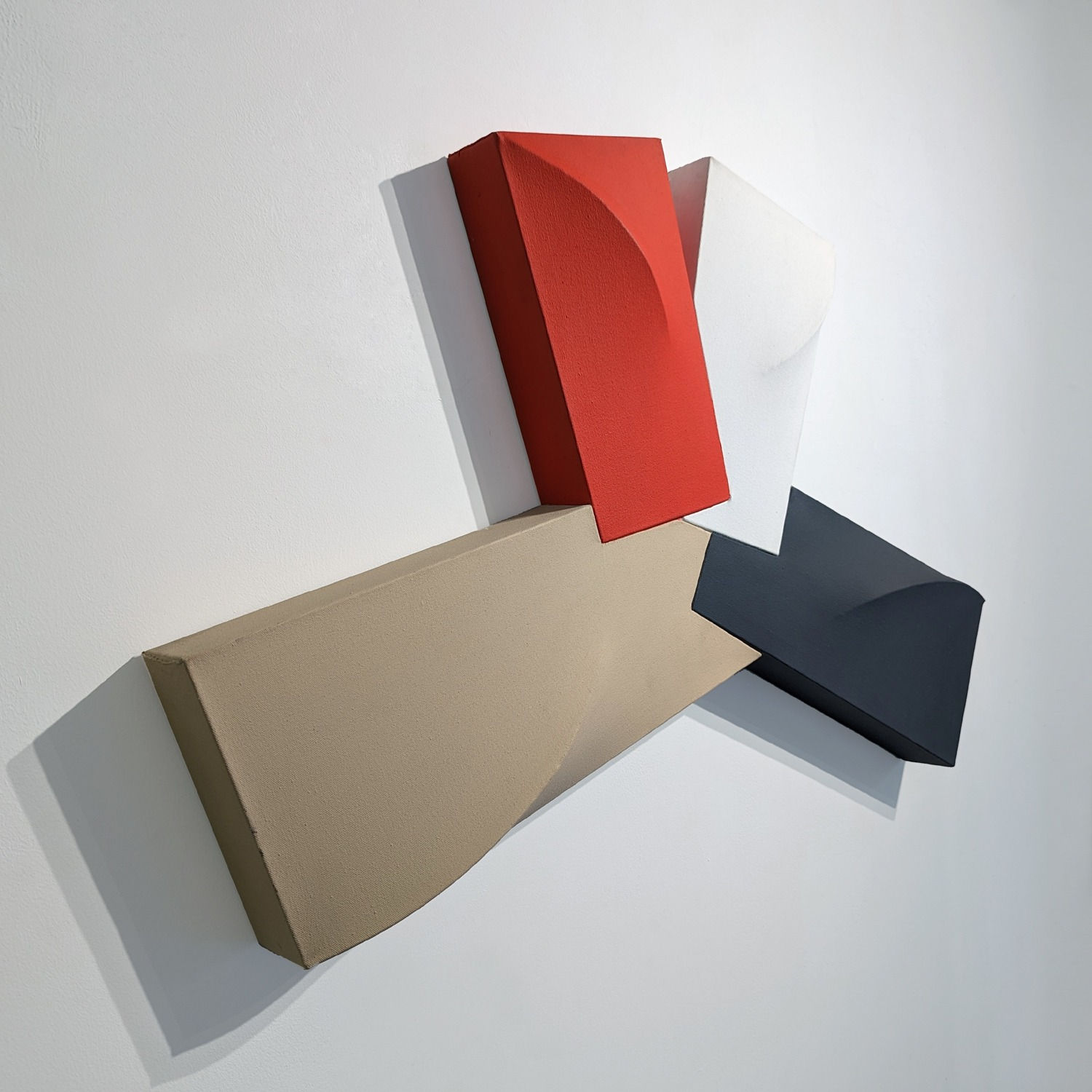 Detail of Painting of 4 interconnected tridimensional rectangles (beige, vermillion, white, black)