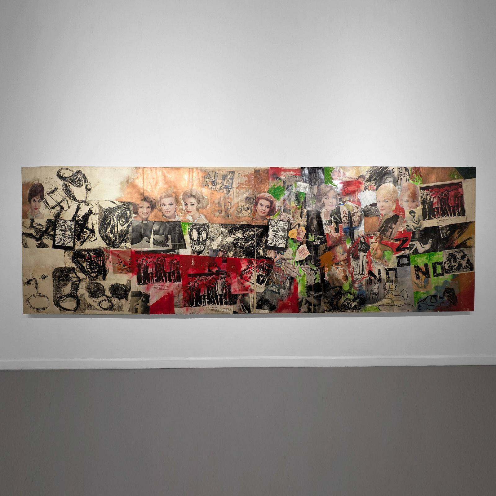 Large collage of images of nude women, hairstyles, and prisoners of labor camps arranged in a haphazard manner and interspersed with swaths of paint