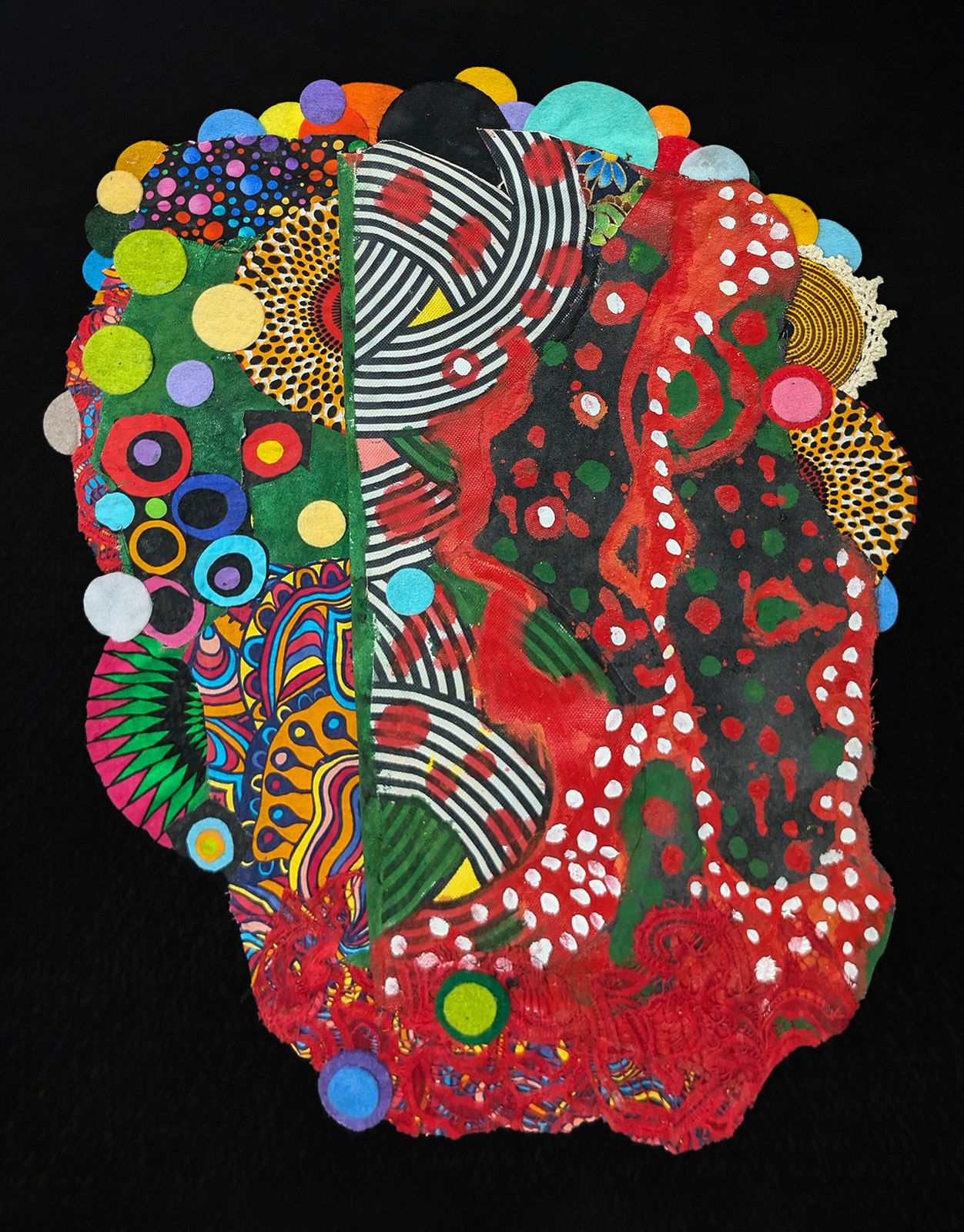 Colorful Neo-African Abstract Expressionist multimedia painting comprising oil paint and fabric of different patterns