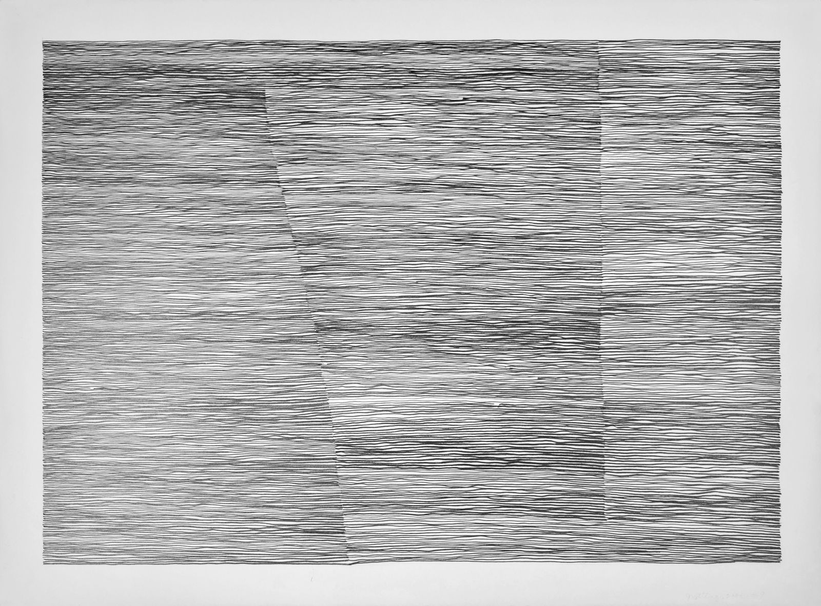 Graphite on paper drawing of horizontal lines forming diagonal zigzags.