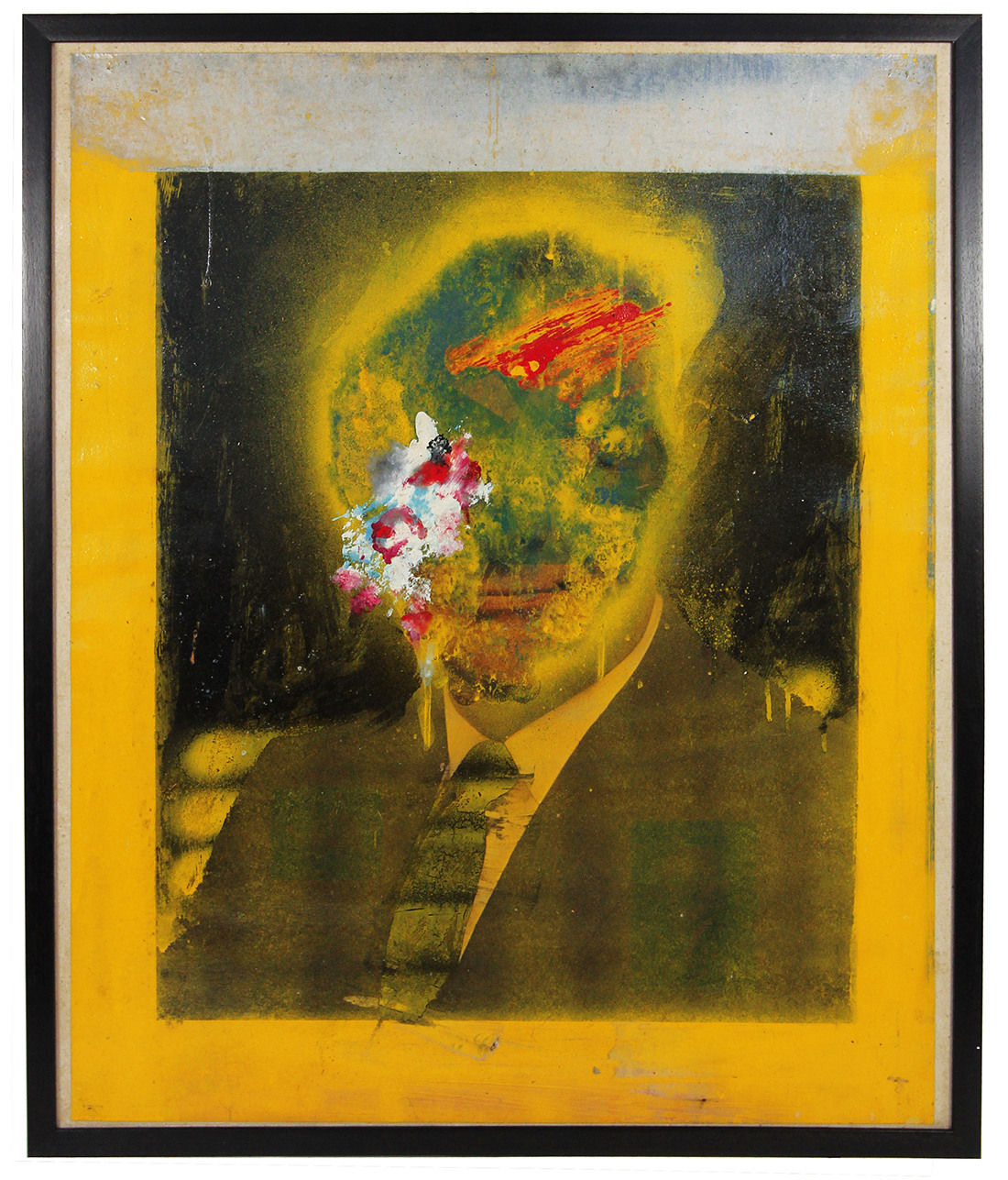 Painting of male bust portrait in suit and tie with face scratched over, yellow background