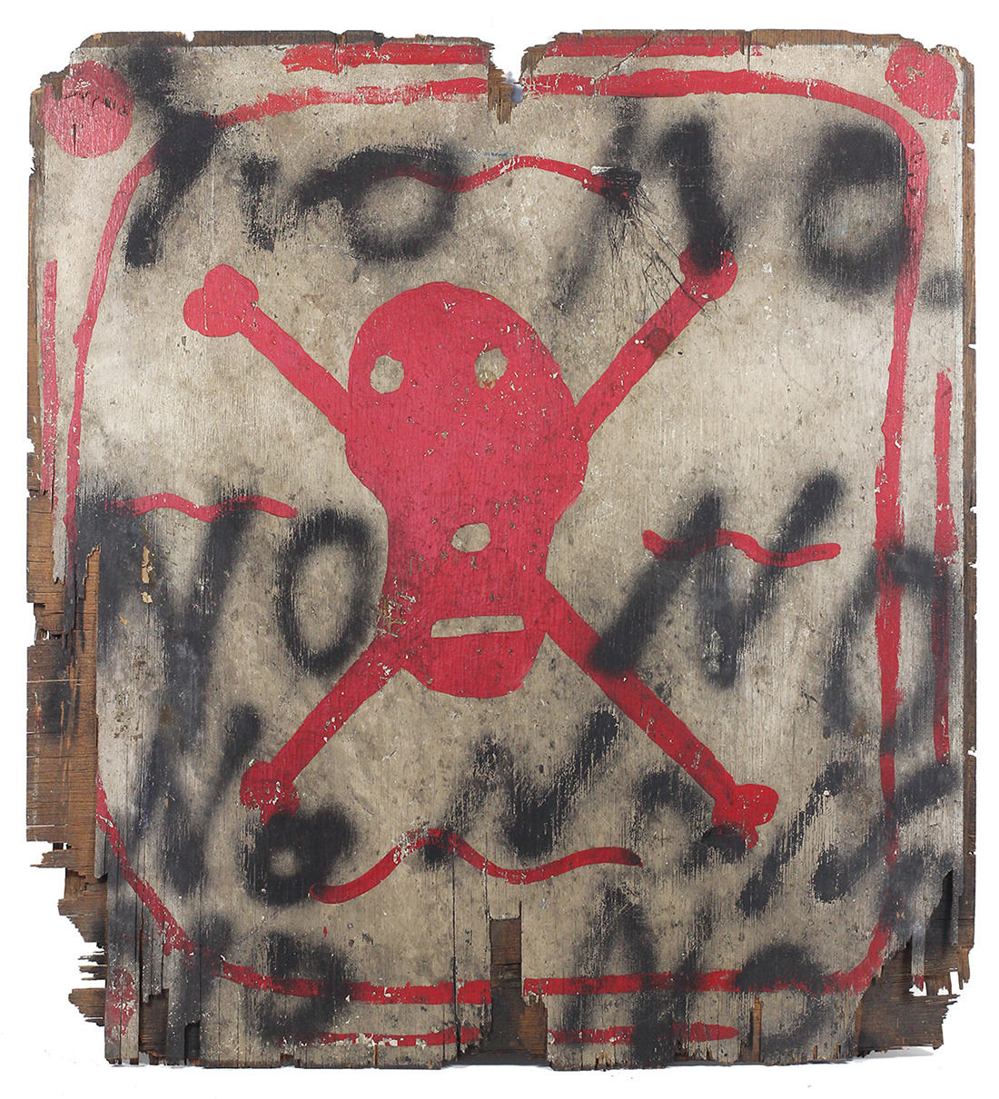 Paint on plywood artwork of a skull and crossbones and border in red with text “NO” multiple times in black
