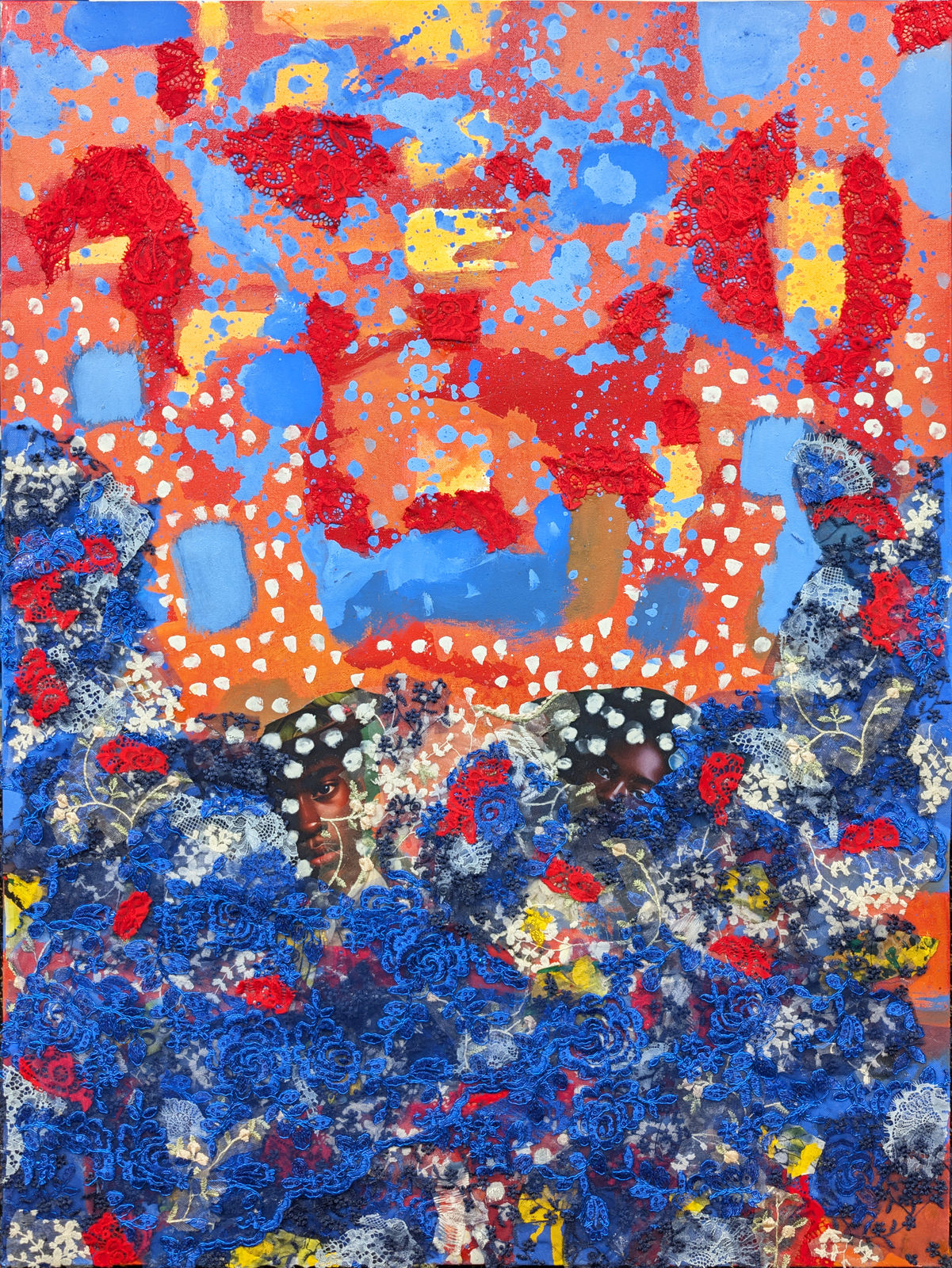 Colorful Neo-African Abstract Expressionist multimedia painting comprising oil paint and fabric of different patterns