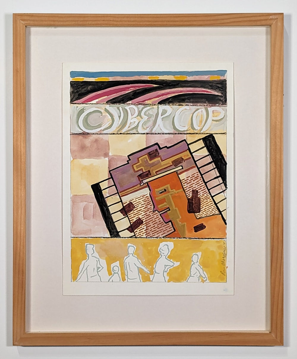 Framed gouache on paper with separated sections of abstracted architectural and figural forms with the word 'CYBERCOP' written near the top