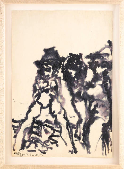 Framed ink wash drawing of multiple stylized silhouettes