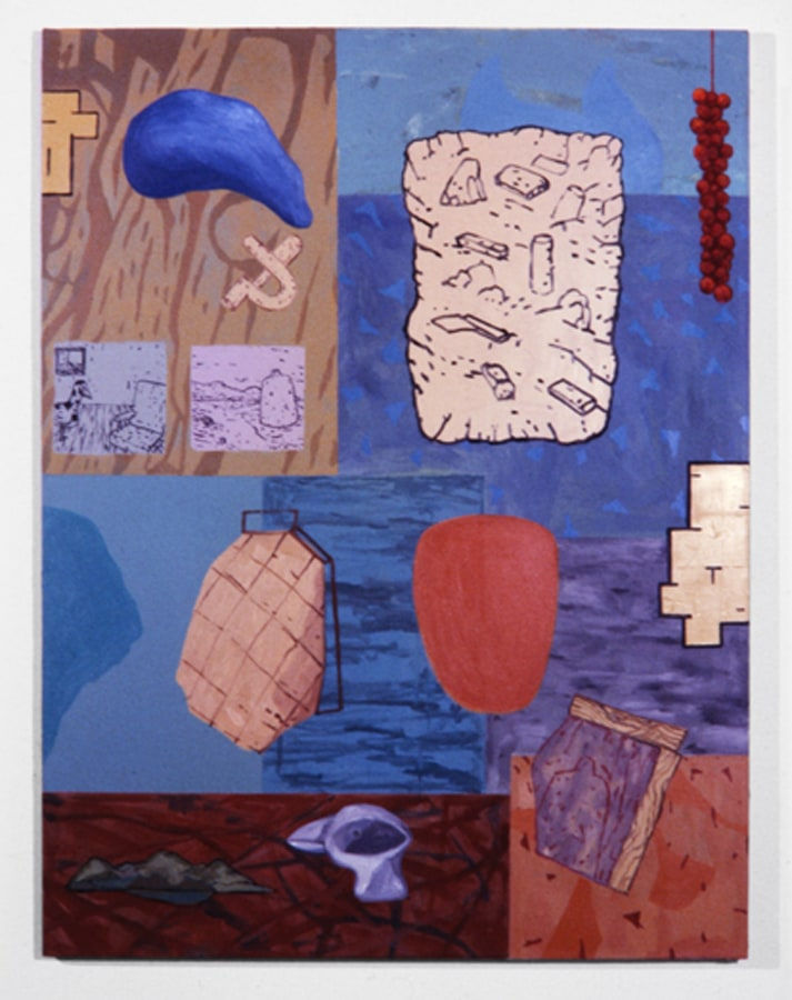 Painting of various objects and narrative vignettes on blue and brown background