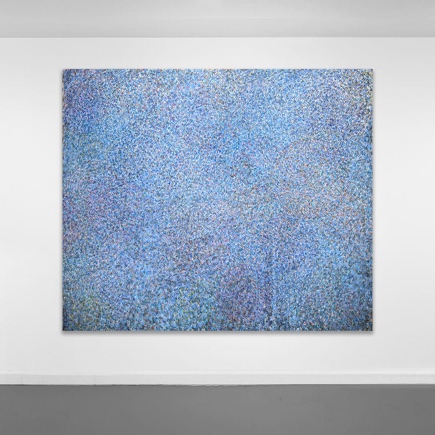Acrylic and mixed media on canvas in an abstract expressionist mode of thousands of multicolored, primarily blue, small rings creating a sense of cosmic depth