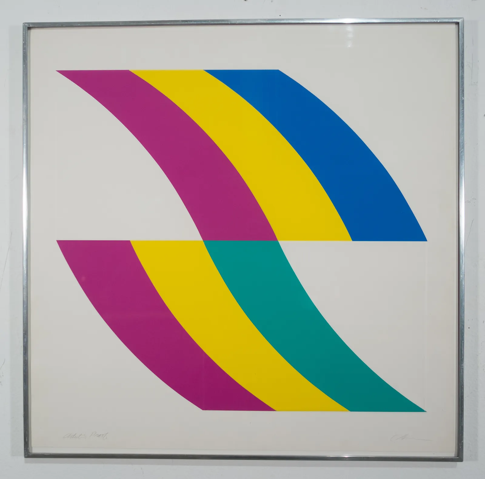 Print of two curved sections stacked on top of eachother with three color strips. Both in magenta and yellow,and dark blue on top and teal on the bottom.