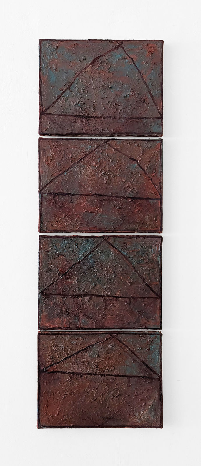 Vertical four part painting in mudded red and blue with each block having irregular triangles