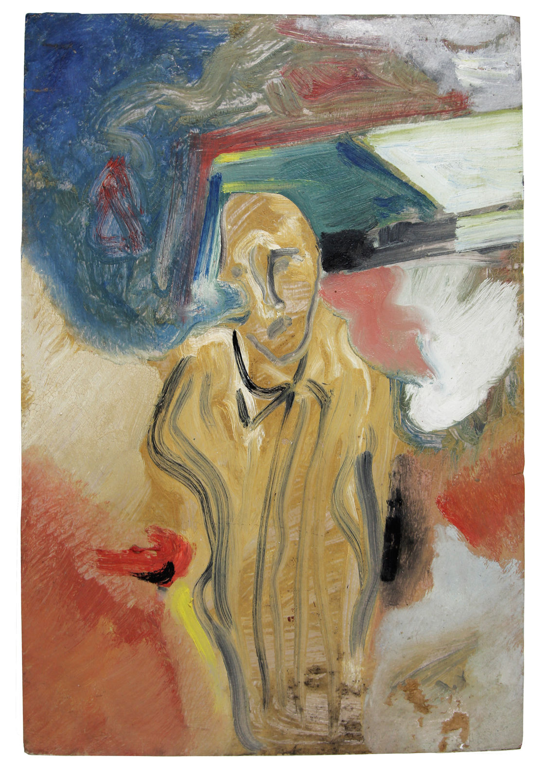 Expressive oil painting abstractly depicting a muted yellow, static figure through dynamic strokes in front of a background of swirling colors