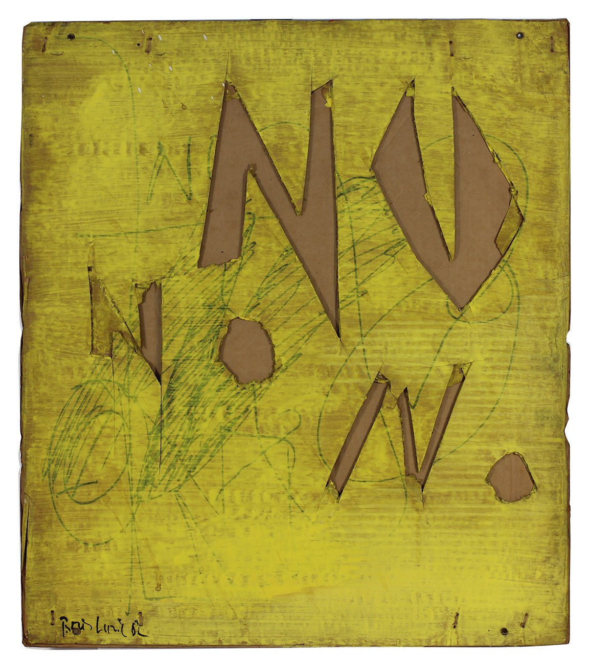 Square cardboard painted yellow with the word NO cut out of it 3 times and scribbled over in ink