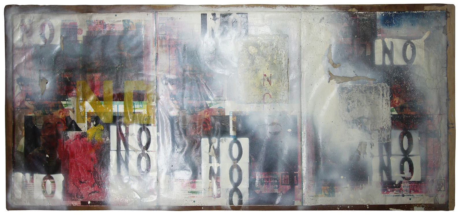 Mixed media collage of magazine cutouts, vintage pin up images, and the word NO multiple times, white background