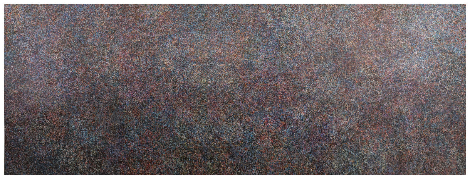 large acrylic and mixed media on canvas in an abstract expressionist mode of thousands of multicolored small rings creating a sense of cosmic depth