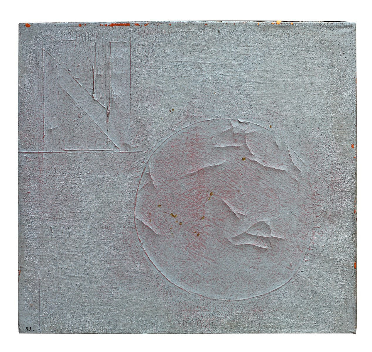 White painted canvas with the word NO scratched into the surface