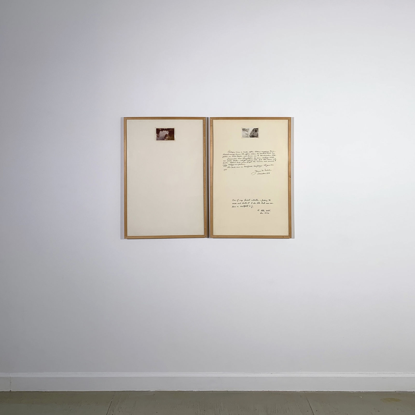 Two photographs and ink on museum board, both having small black and white photographs, one has writing surrounding it