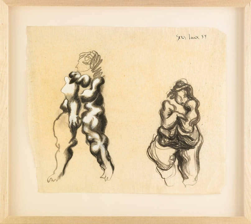 Framed charcoal and white pastel of two small stylized female silhouettes