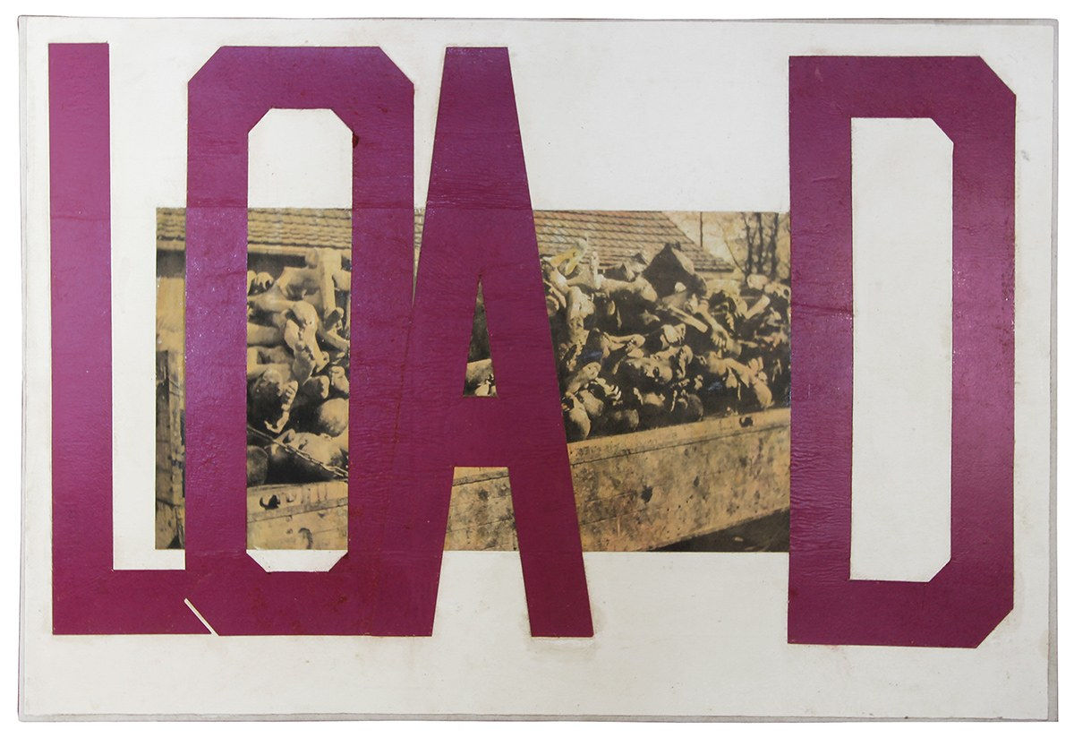 Paper collage of Holocaust image and tape forming text “LOAD” in violet on white background