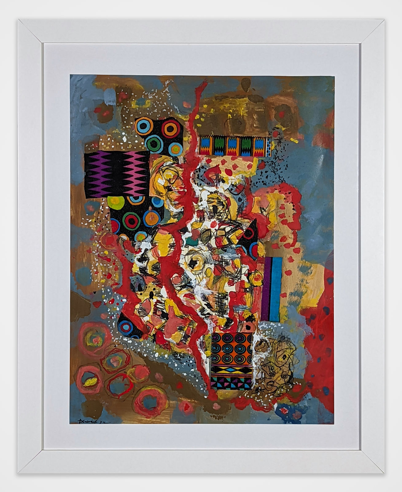 White framed colorful artwork comprised of oil and patterned fabric on print in a 