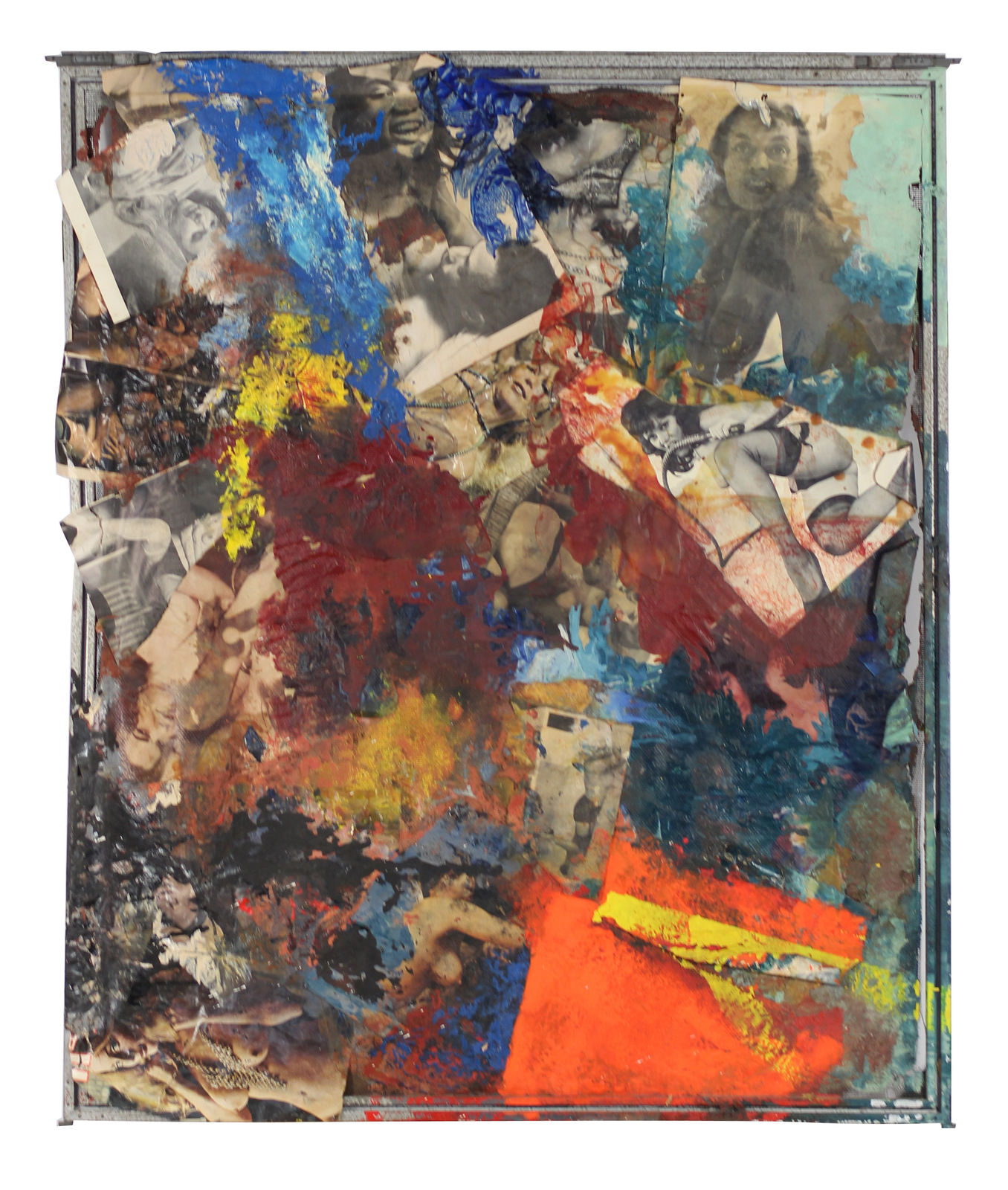 Collage of torn images of pinups with sporadic swaths of bright acrylic paint